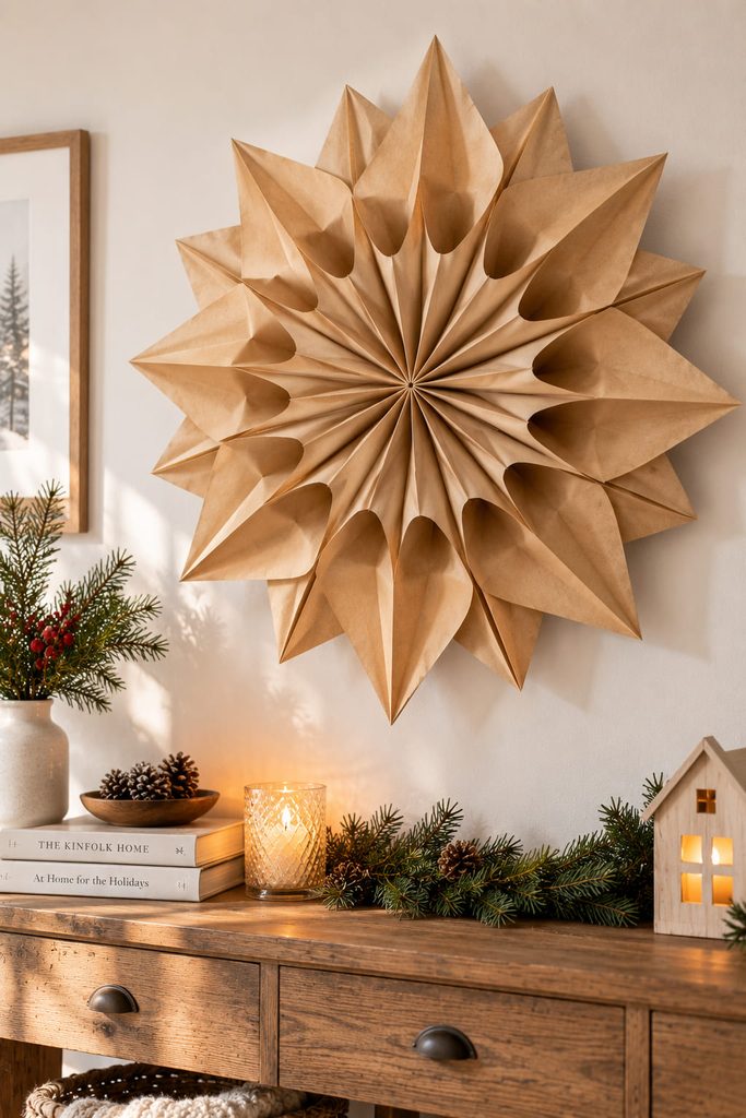 Expanded kraft paper bag star creating a fold-flat dimensional wall decoration.