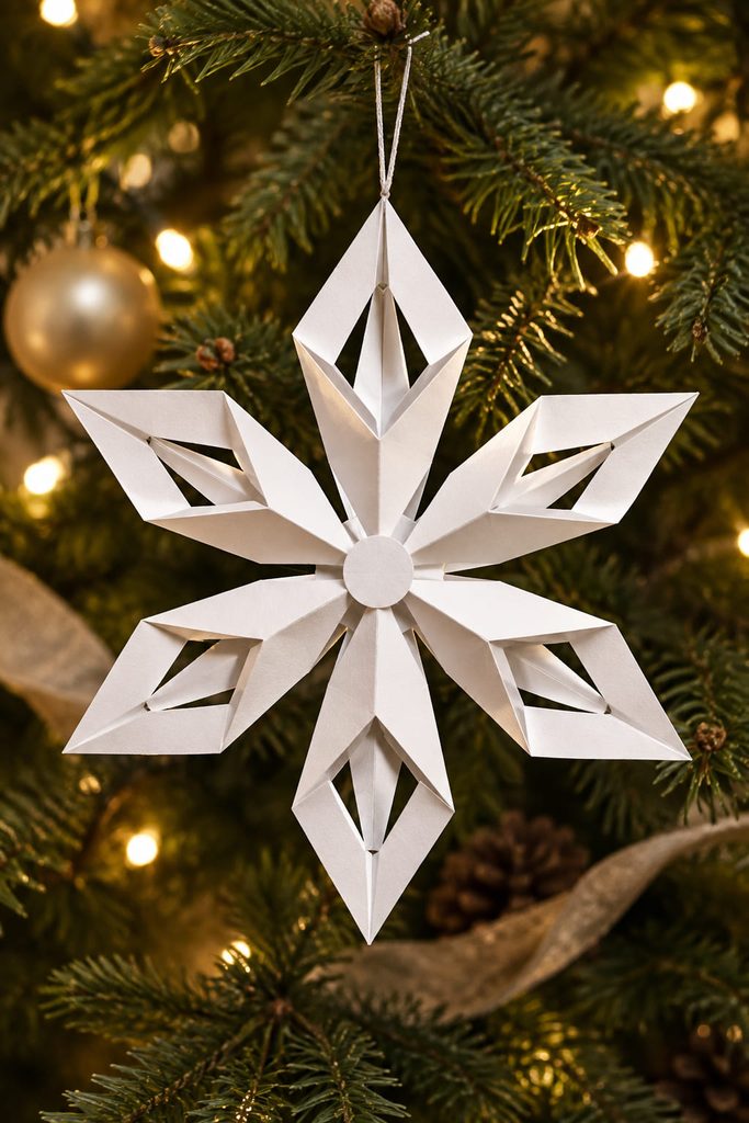 Folded kite-arm paper snowflake ornament hanging from an evergreen branch.