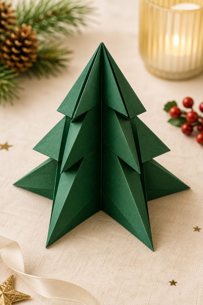 Four-sided faceted origami tree with evenly opened faces and a stable paper base.