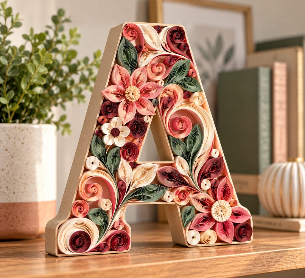Freestanding dimensional letter decorated with colorful quilled paper coils on a shelf.