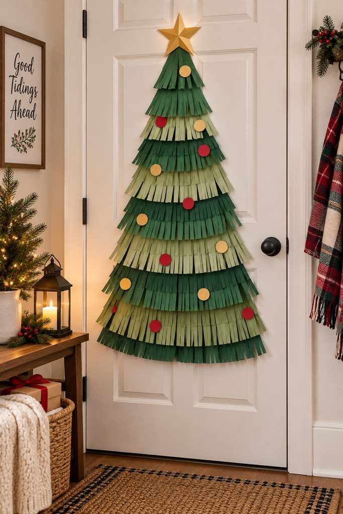 Layered green paper fringe forming a shallow Christmas tree decoration on a narrow interior door.