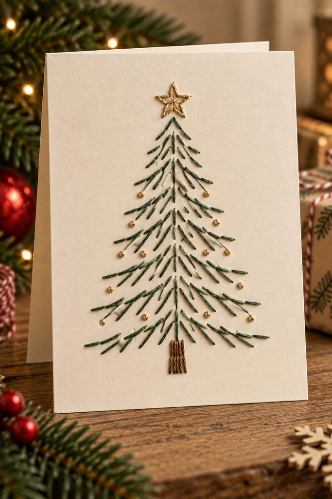 Handmade Christmas card with a stitched evergreen outline in green and muted-gold thread.