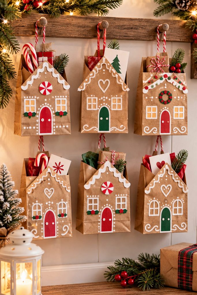 Small kraft gingerbread house pockets hanging in a village-style advent display with accessible open tops.