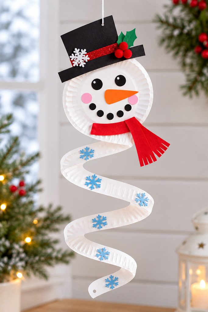 Hanging paper plate snowman spinner cut in a spiral