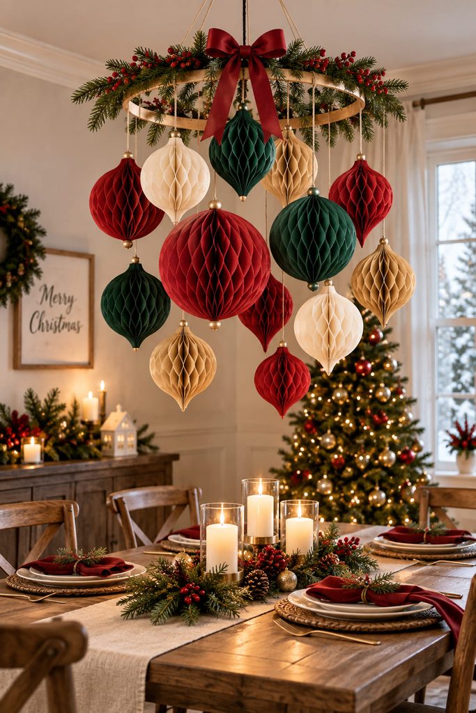 Honeycomb paper baubles suspended from a balanced hoop above a Christmas dining table.