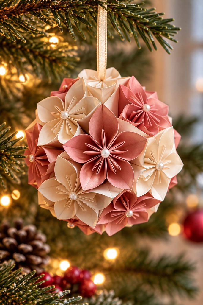 Ivory and blush kusudama flower ball made from layered folded petals and suspended from a narrow ribbon.