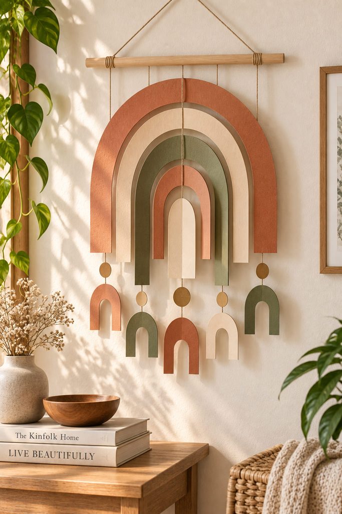 Layered cut-paper arch wall hanging with open negative space and shallow dimensional shadows.