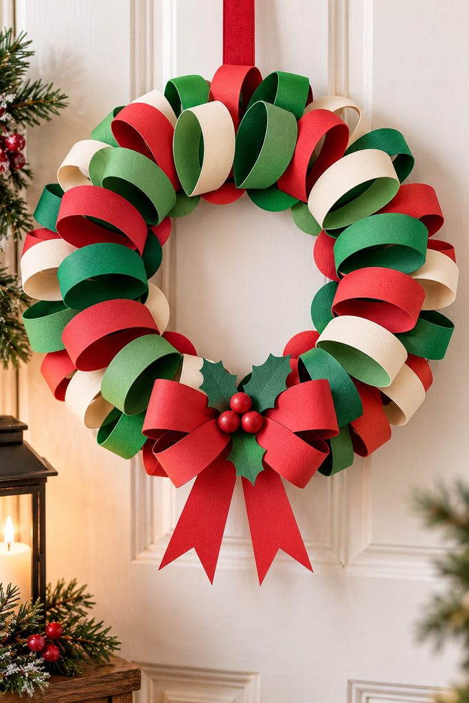 Colorful construction-paper loop wreath with an open center hanging on a light wall.