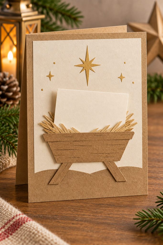 Kraft manger pocket card holding a removable cream blessing note beneath a small paper star.