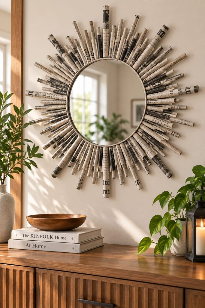 Round mirror framed by alternating long and short rolled newspaper tubes in a radial sunburst.