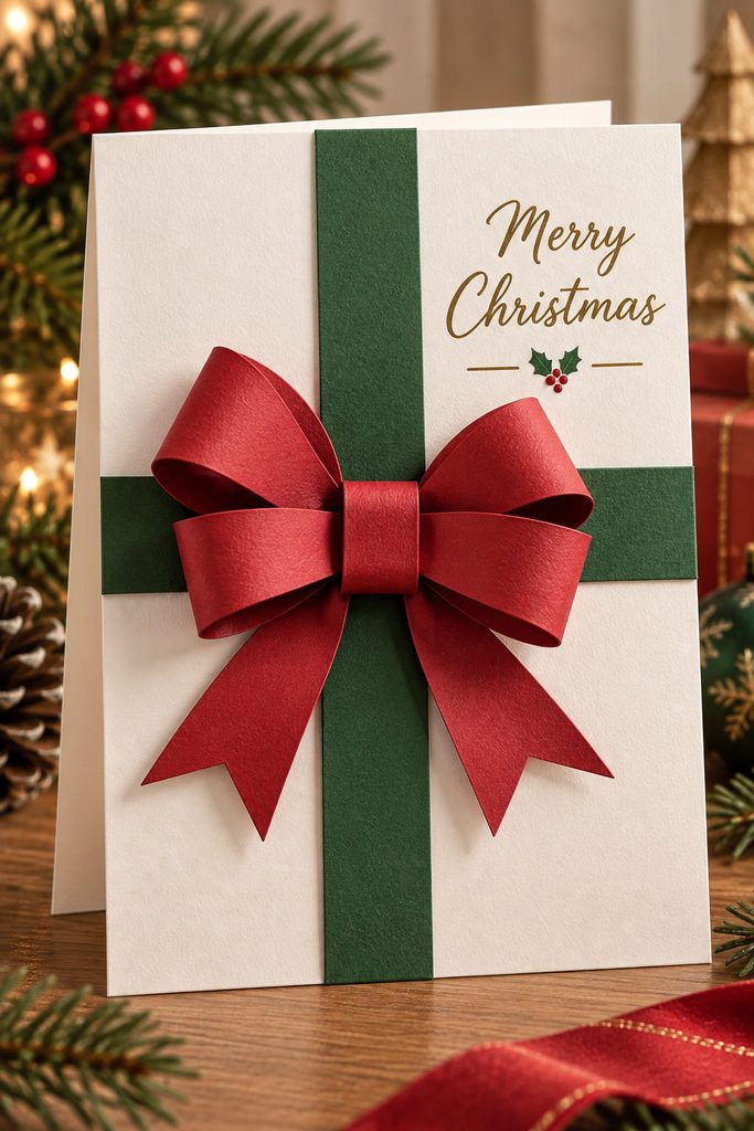 Deep red folded paper bow rising above flat green ribbon strips on a clean white Christmas card.