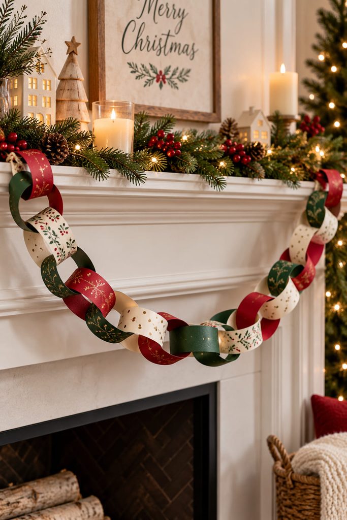 Handmade red, cream, and green paper chain garland draped across a Christmas mantel.