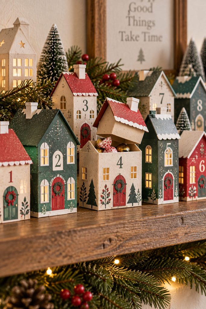 Mini cardstock village with lift-off roof boxes arranged as an advent calendar.