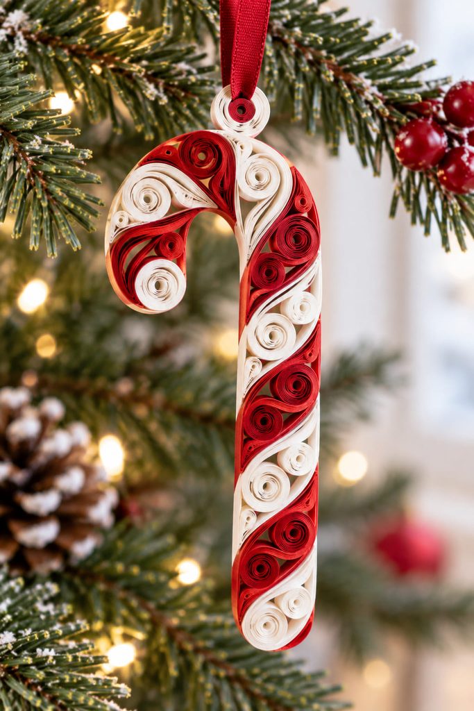 Red and white quilled candy cane ornament with a clean curved hook and tiny paper scroll details.