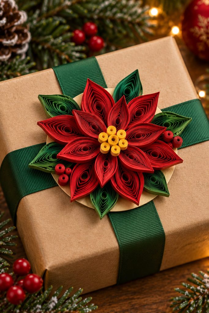 Red quilled poinsettia gift topper attached over green ribbon on a kraft-wrapped present.