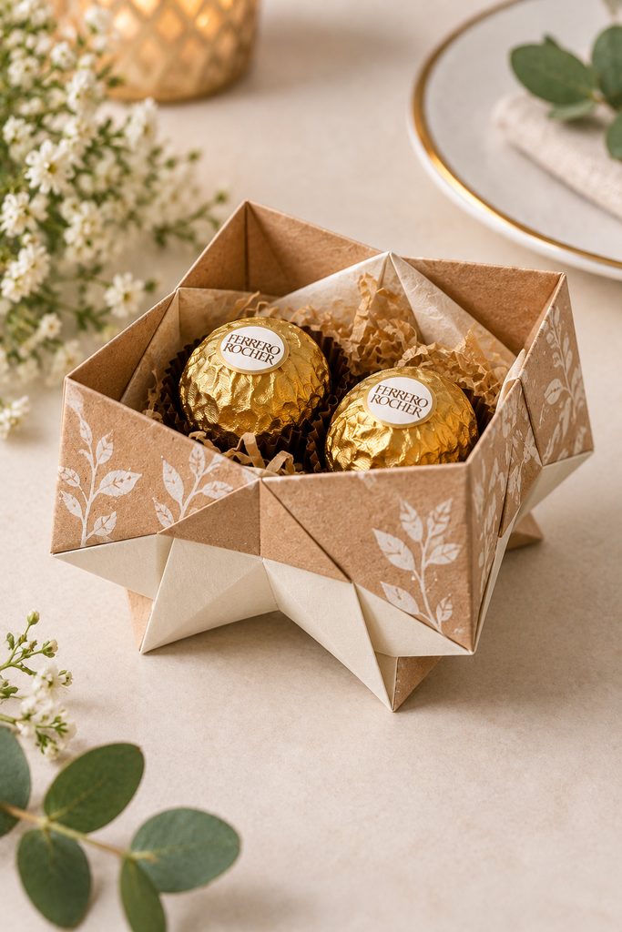 Raised folded sanbo-style paper box holding two small favors.