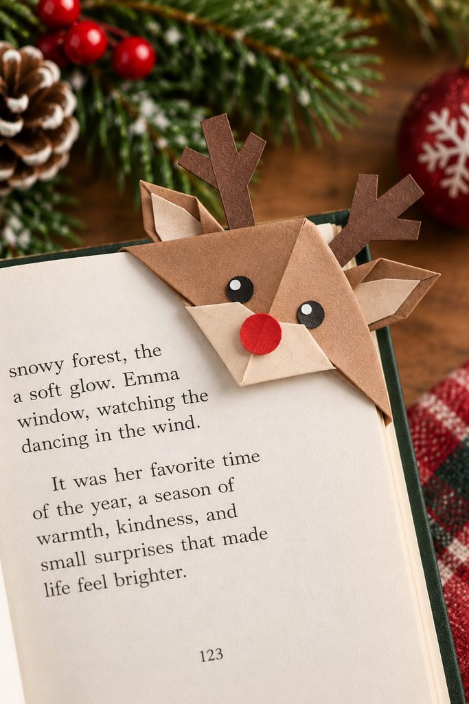 Brown origami reindeer corner bookmark fitted over the page of an open book.