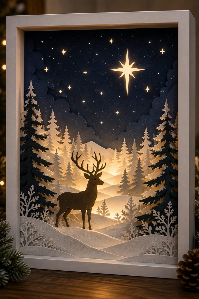 Reindeer silhouette in a layered winter shadow box beneath a softly glowing starry sky.