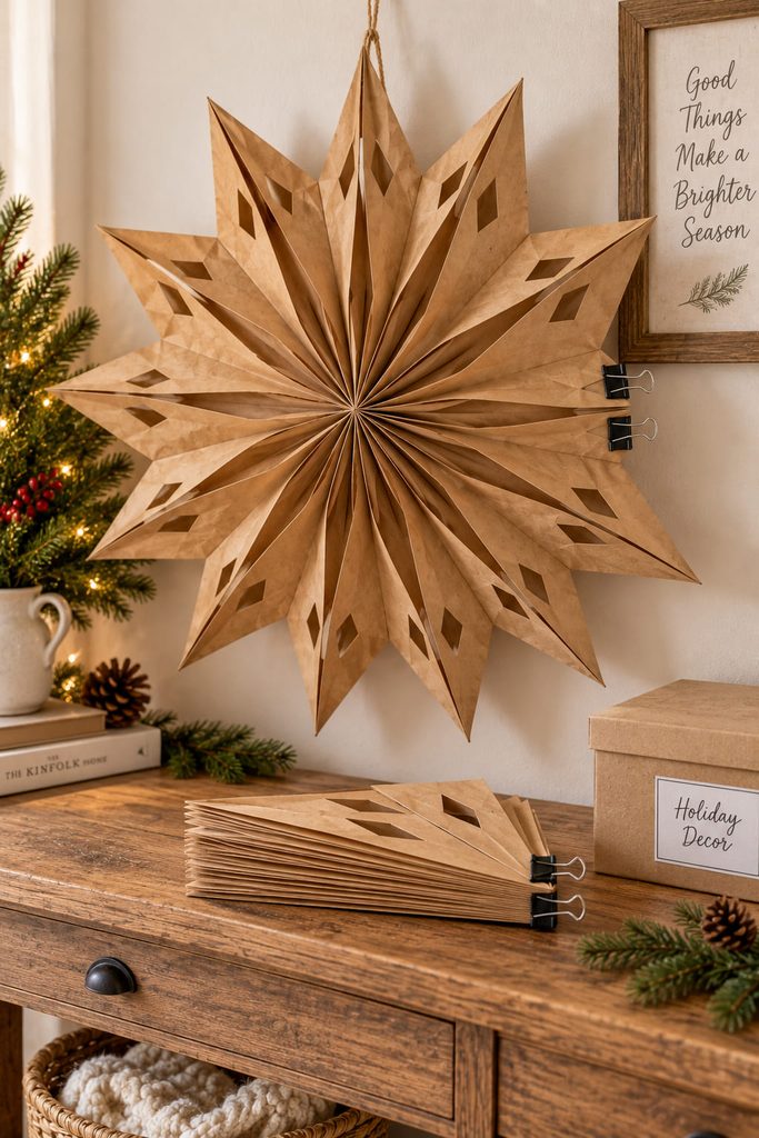 Reusable paper bag star secured with removable clips so it can fold flat for storage.
