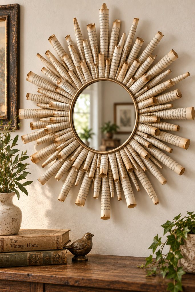 Small round mirror framed by alternating long and short rolled book-page rays.