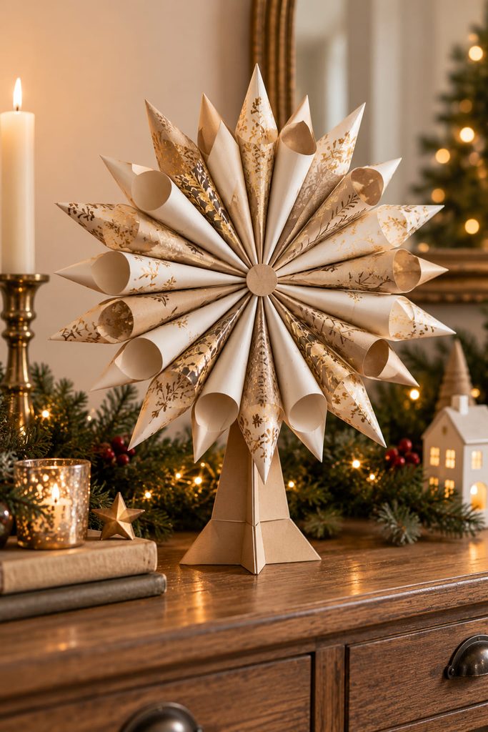 Rolled paper cone starburst standing on a cross-braced cardstock pedestal.