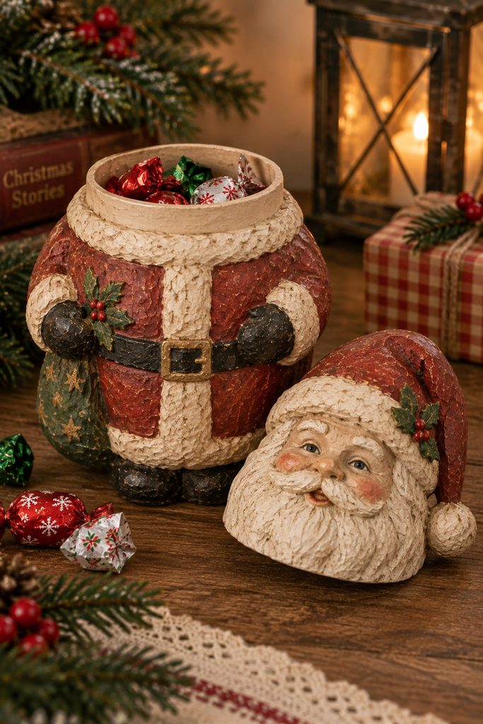 Vintage Santa paper-mache candy container with its removable lid beside the open body and wrapped sweets visible inside.