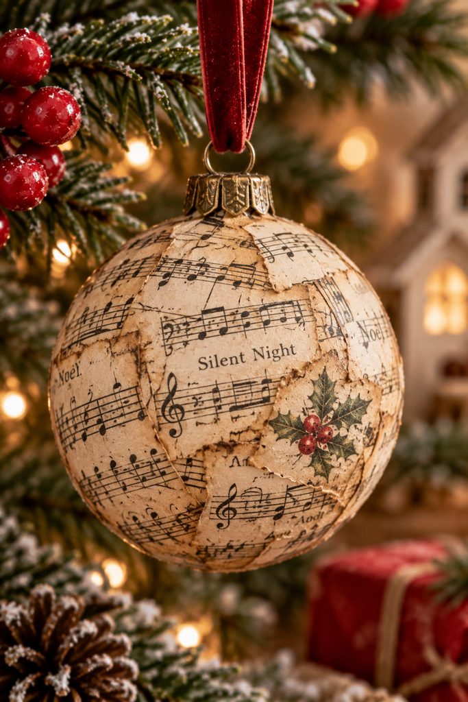 Papier-mâché Christmas globe covered with overlapping vintage sheet-music fragments.