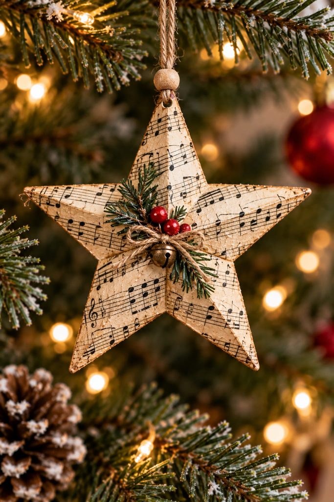 Five-point Christmas star ornament covered with cream sheet-music paper and hanging from a reinforced cord.
