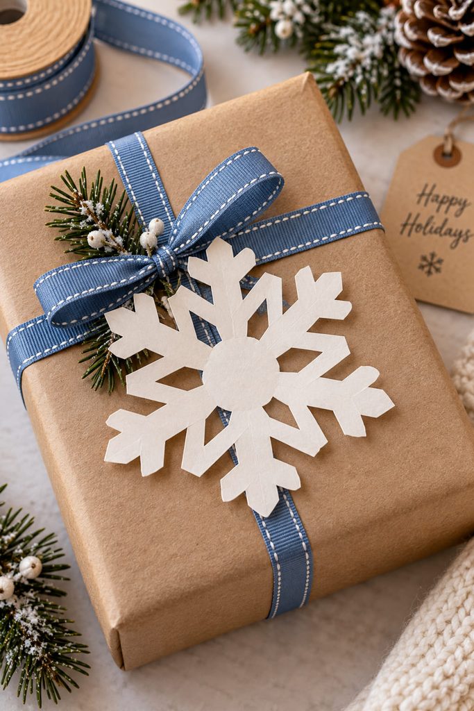 Small solid-center paper snowflake attached to a kraft-paper wrapped gift.