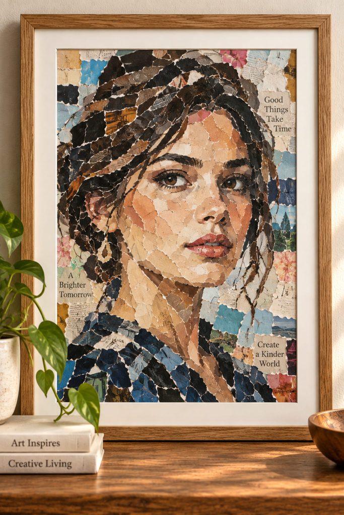 Framed portrait assembled from small torn magazine scraps arranged as a colorful value mosaic.