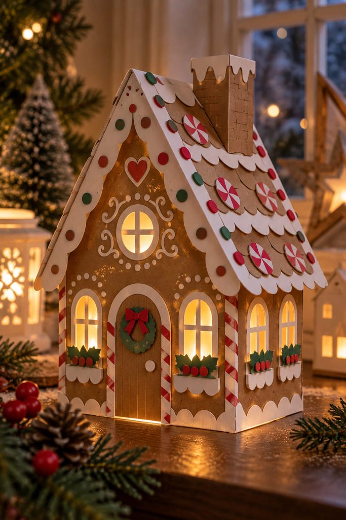 Cardstock gingerbread house luminary glowing through vellum-backed windows with a small LED inside.