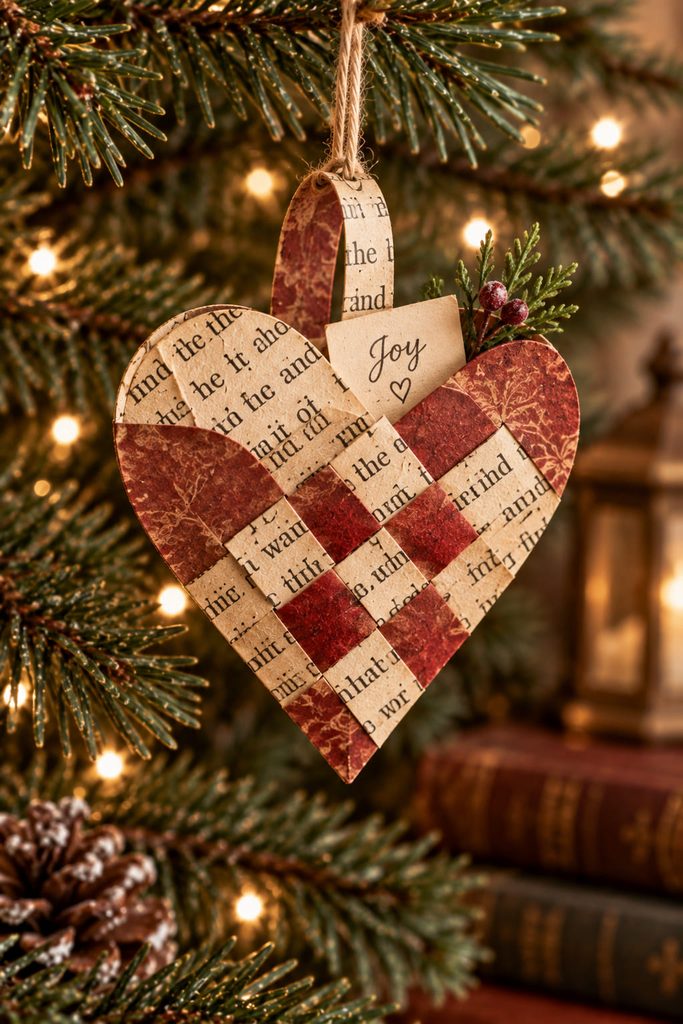 Woven book-page heart ornament with an open pocket holding a tiny cream note.