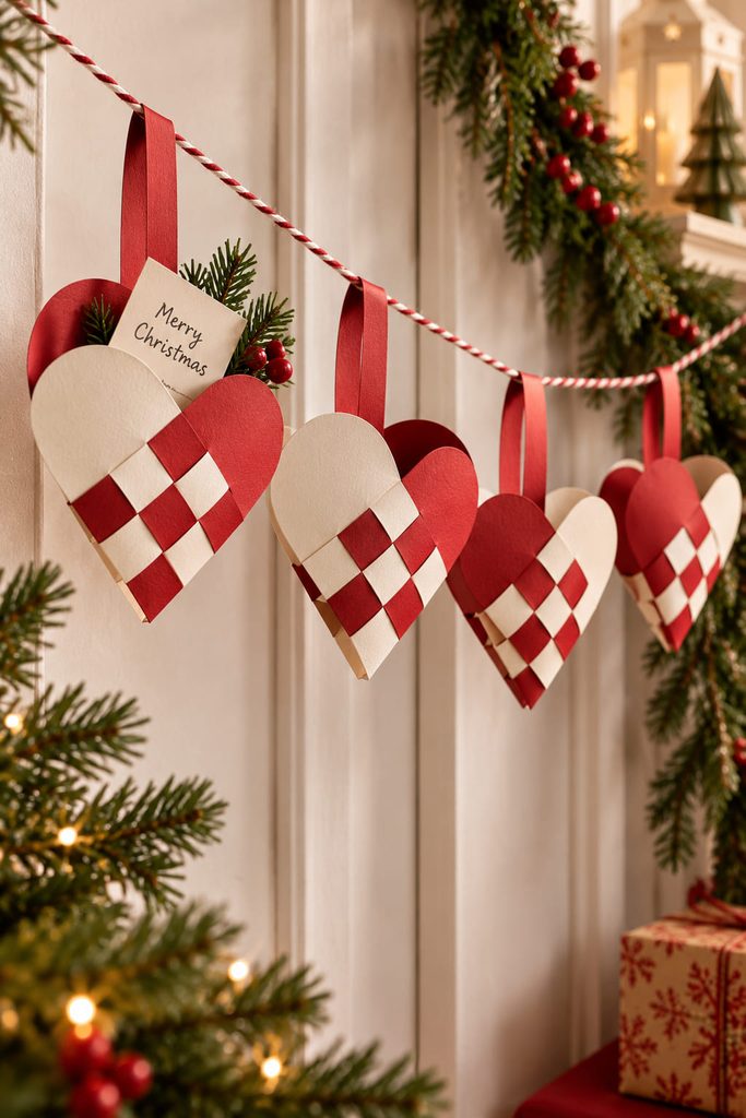 Woven paper heart pocket garland holding small handwritten Christmas notes.