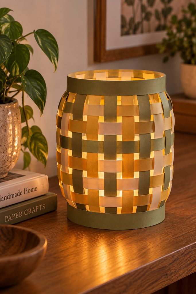 Open-weave paper strip lantern with a vellum diffuser and warm LED glow.