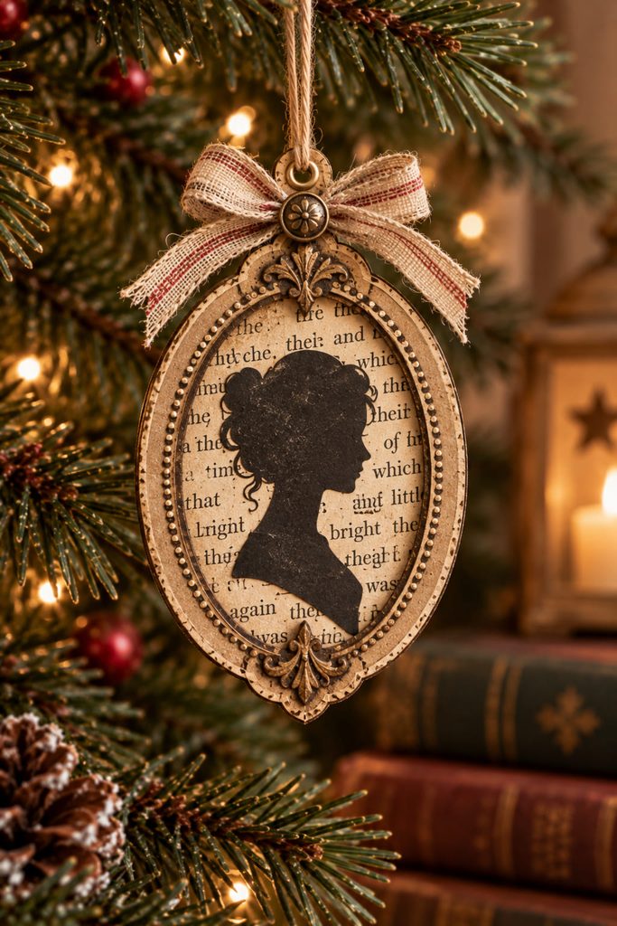 Oval cameo ornament framing aged script paper with a dark cut-paper profile.