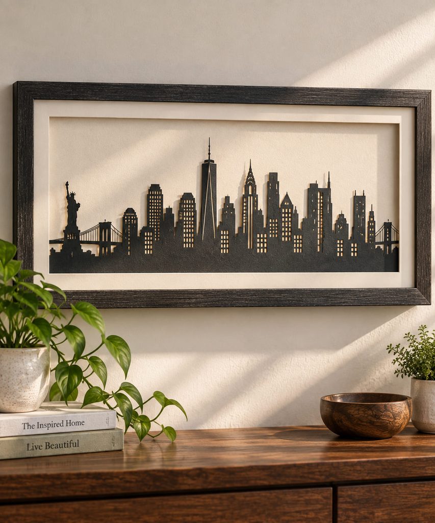Charcoal paper city skyline with cut windows float-mounted over a pale backing in a wide frame.
