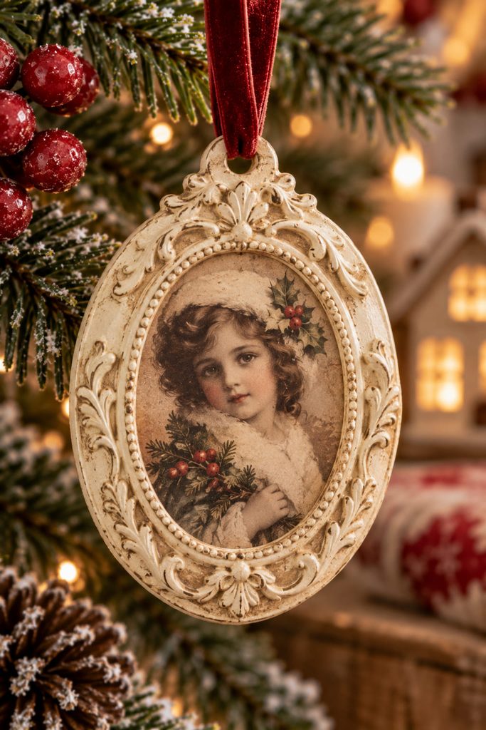 Oval air-dry clay ornament with a raised vintage border and decoupaged sepia cameo portrait.