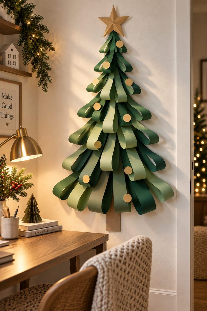 Curled green paper ribbons lifting from a wall backing to form airy Christmas tree branches and shadows.