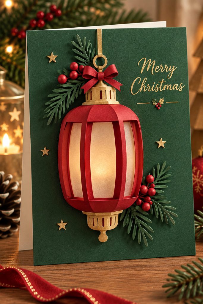 Curved red paper lantern with a translucent vellum window projecting from a dark green Christmas card.