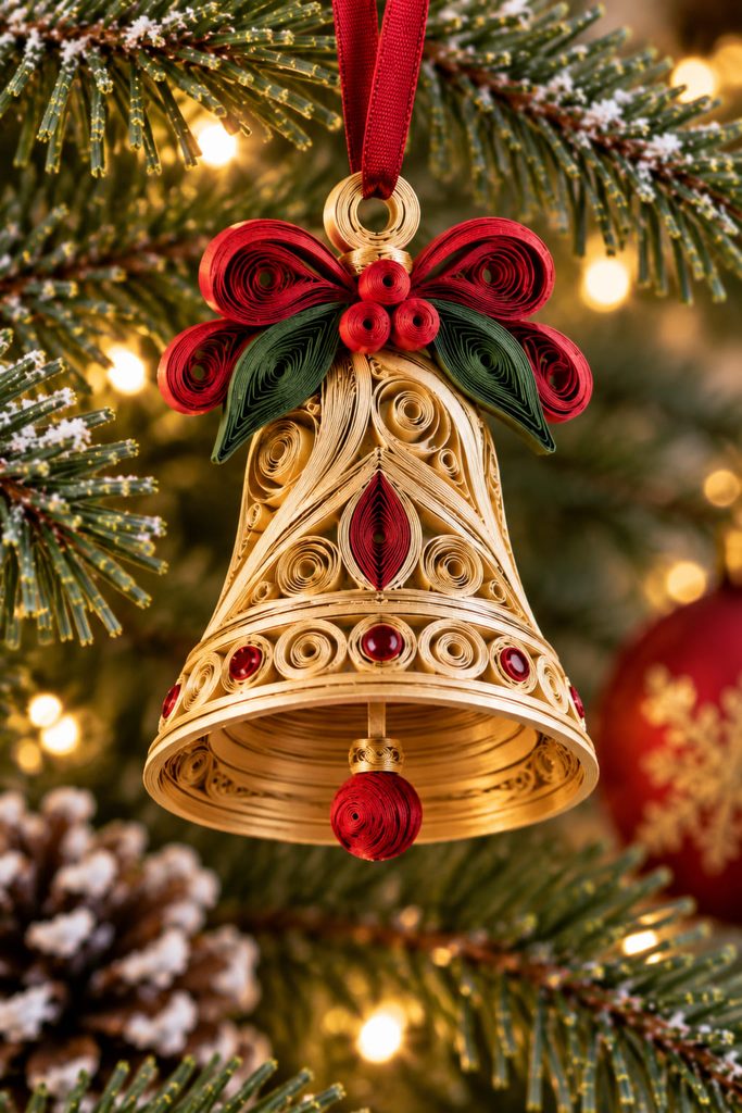 Domed gold quilled bell ornament with visible tight-coil ridges and a small free-hanging paper clapper.