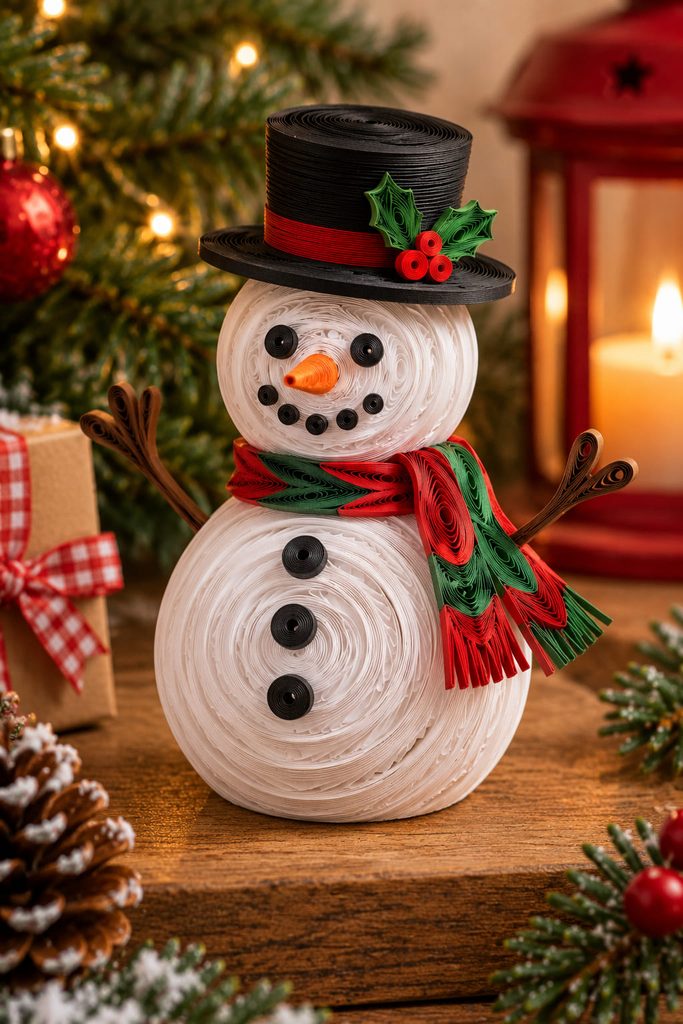 Freestanding quilled paper snowman with domed spiral body sections, a tiny orange nose, and paper scarf.