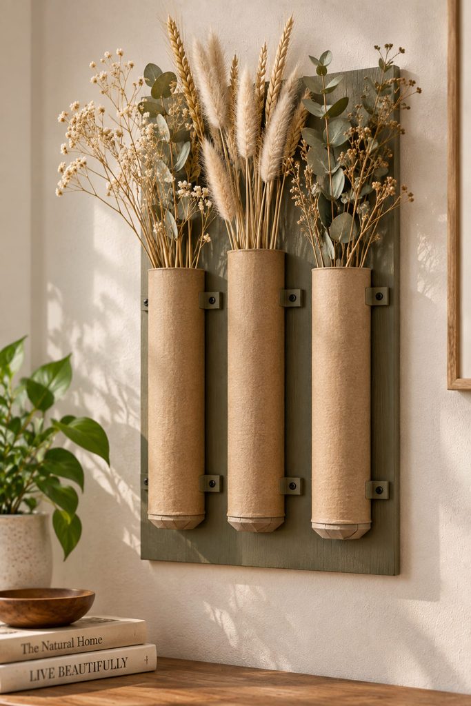 Upright cardboard tube wall pockets holding lightweight dried stems on a narrow backing panel.