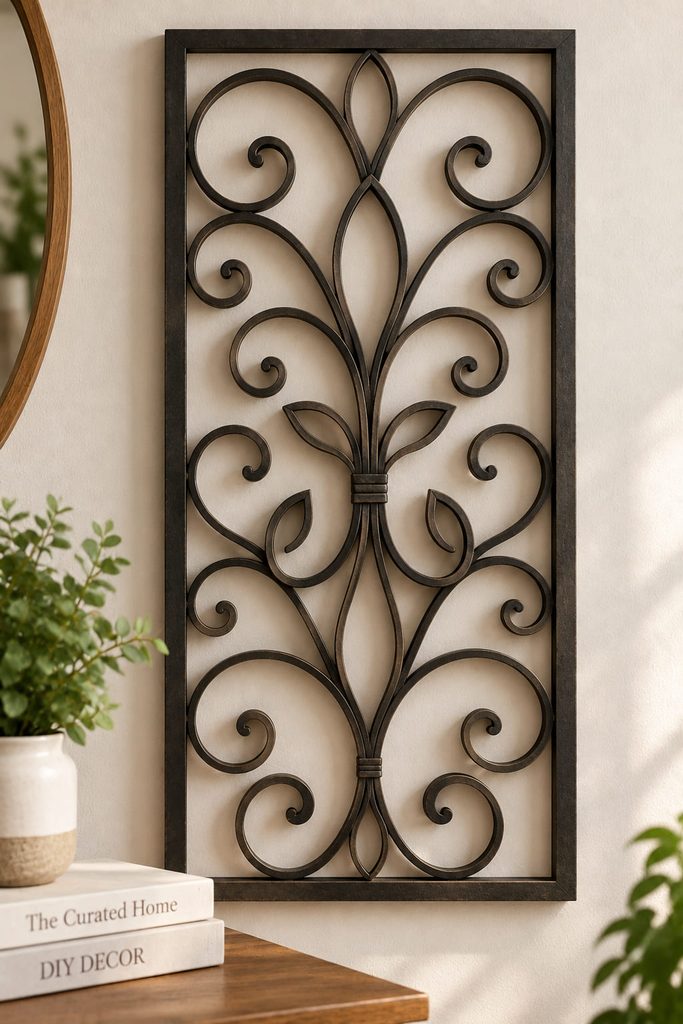 Faux wrought-iron style wall panel made from curled cardboard tube strips.