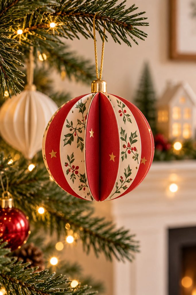 Folded circle paper bauble ornament with ribbed panels hanging from an evergreen branch.