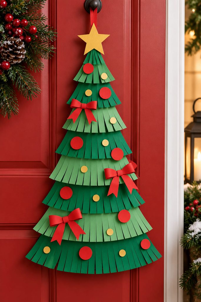 Tall fringed construction-paper Christmas tree hanging vertically on a door.