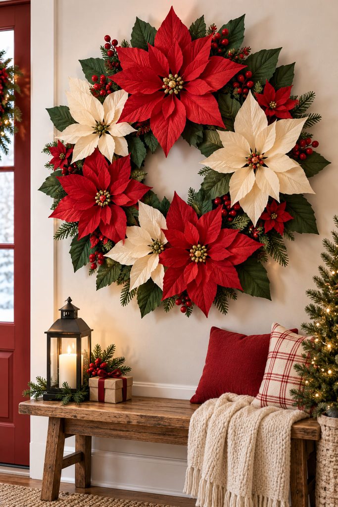 Oversized crepe-paper poinsettia wreath with dimensional petals on an interior holiday wall.