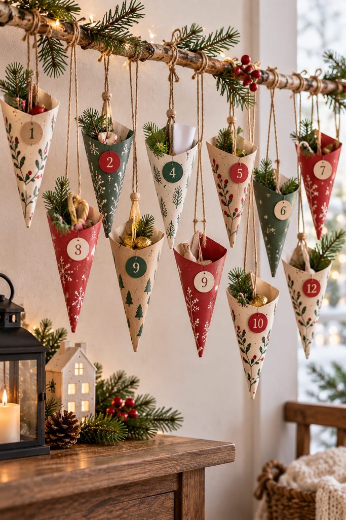 Tapered paper advent cones hanging at varied heights from a winter branch.