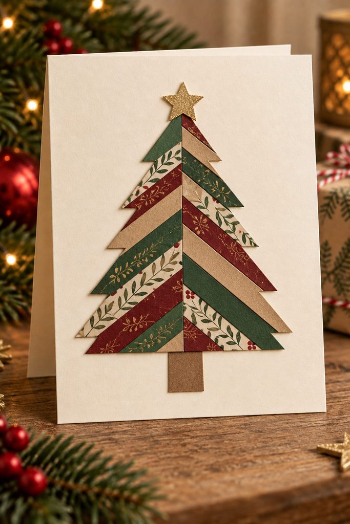Christmas card with a herringbone paper inlay tree in evergreen, burgundy, and kraft tones.