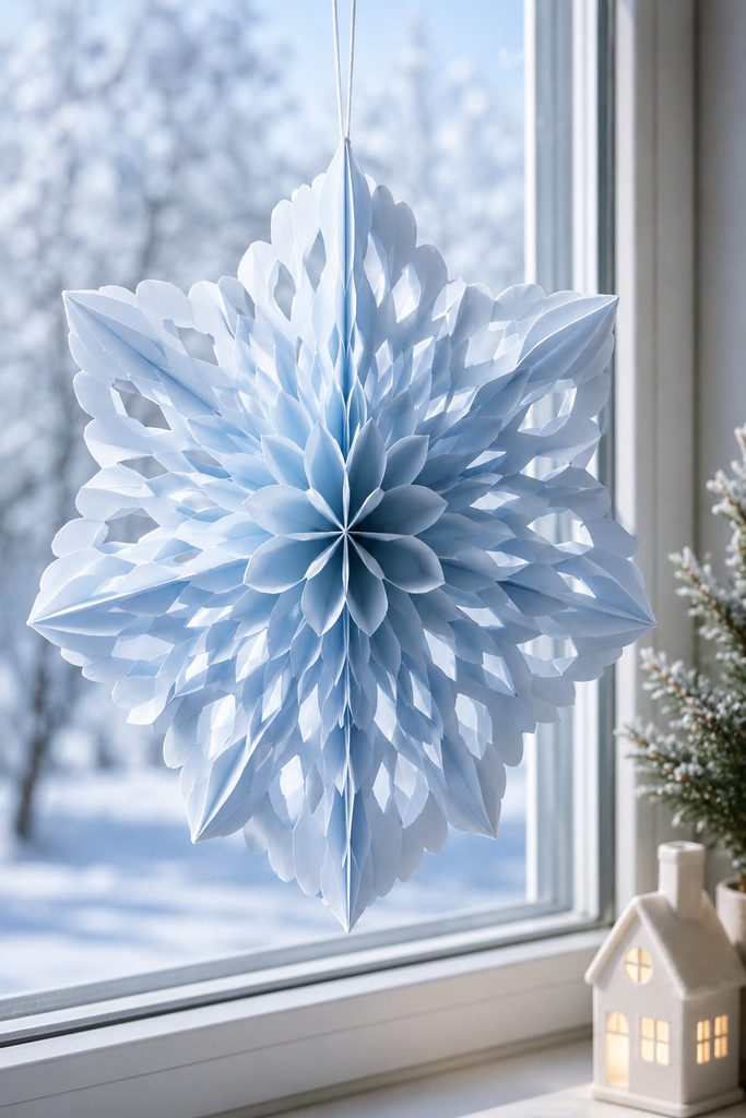 Honeycomb paper snowflake with expanding cells hanging in a daylight window.