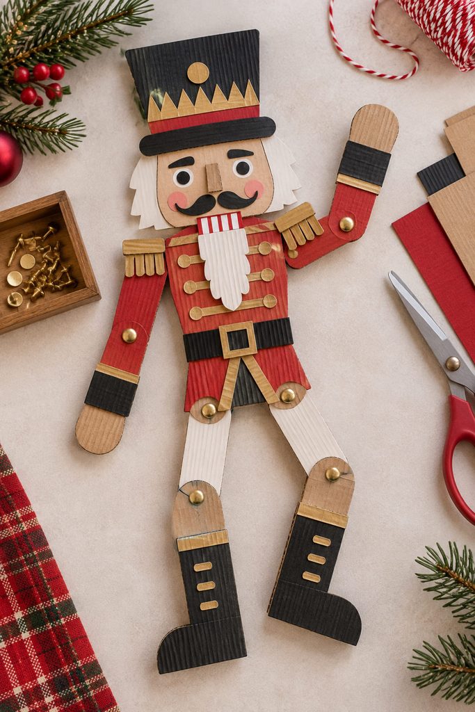 Jointed cardboard nutcracker puppet with movable arms and legs connected by paper fasteners.
